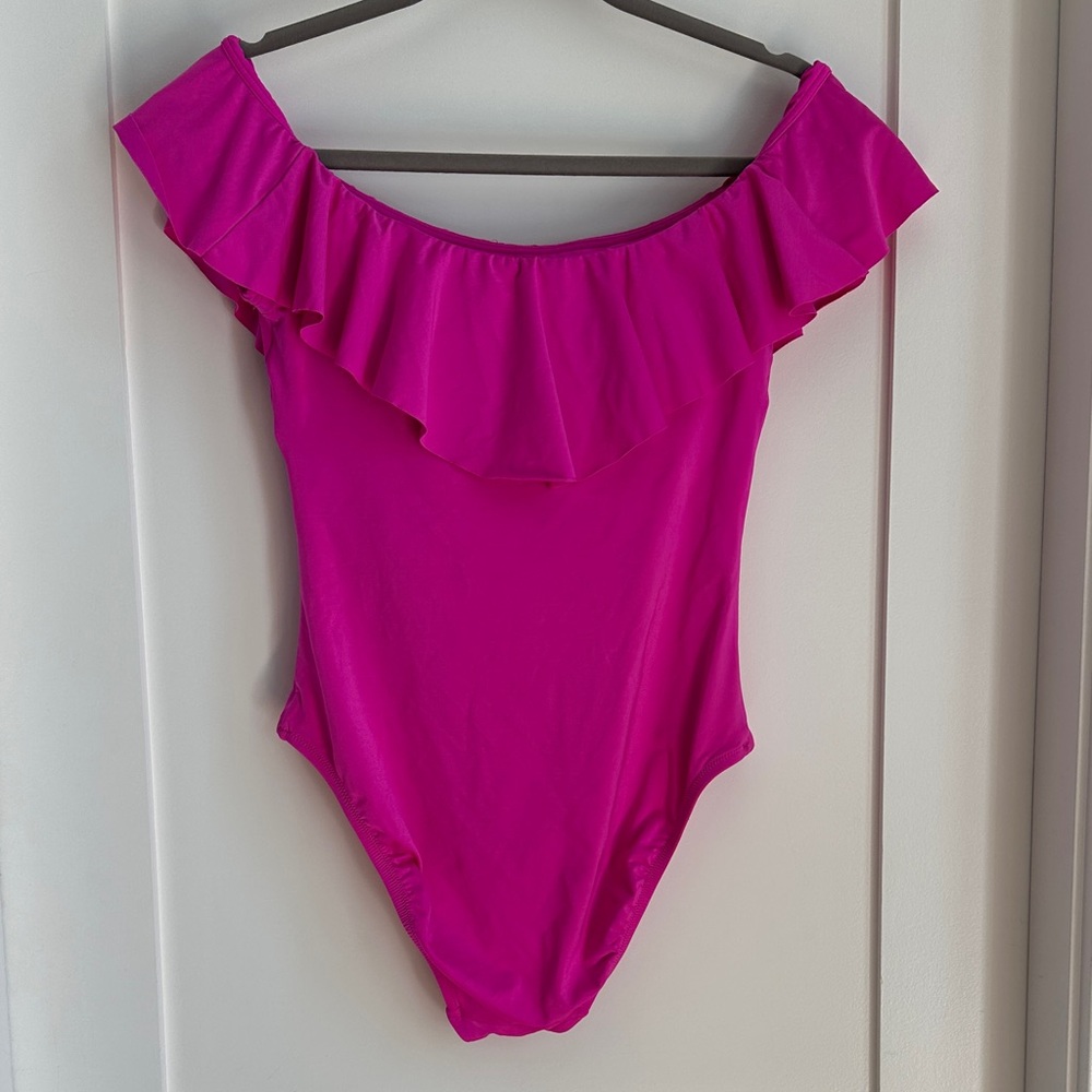 Off-Shoulder Pink Ruffle Swimsuit - Picture 2 of 4